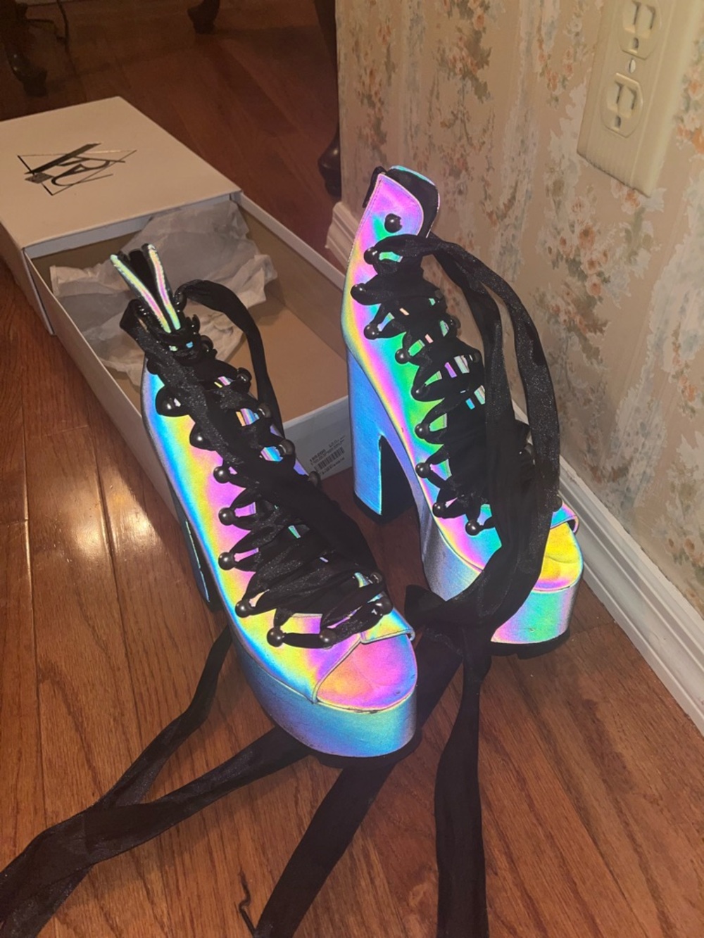 YRU Ballet Bae Rainbow Reflective Purple/Green Lace Up Platforms